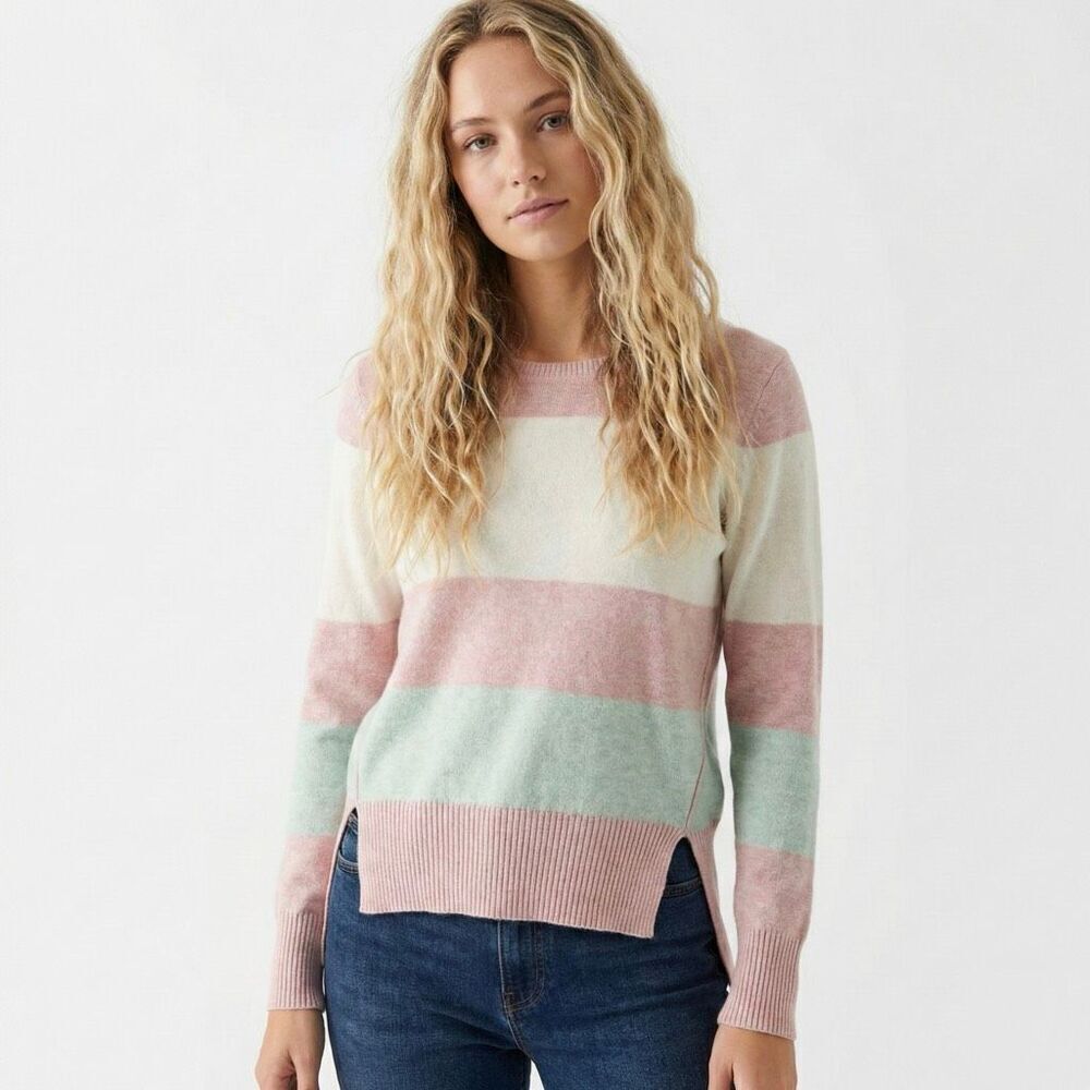 OST Striped Cotton Cashmere Sweater Top Medium Pink Cream Gray Split Hem